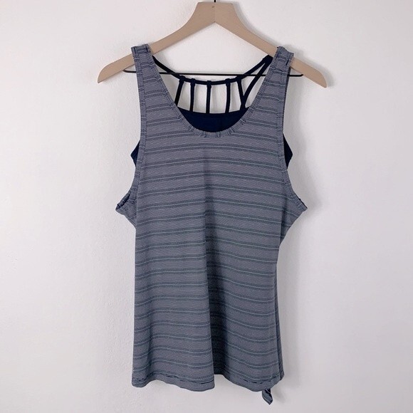 Athleta Max Out Navy Striped Side Tie Tank Top Removable Strappy Sports Bra Sz M - Picture 3 of 12
